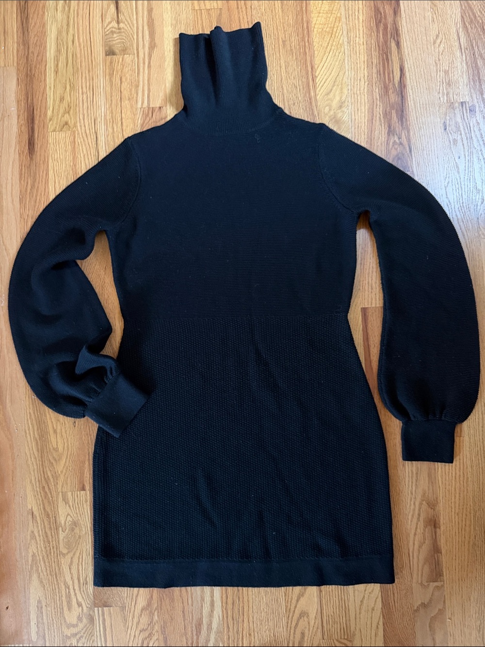 Elie Tahari Black 100% Merino Wool Turtleneck Sweater Dress Balloon Sleeve L